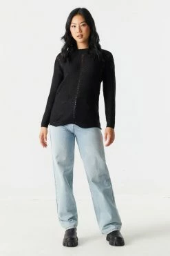 Stitches Ladies Sweaters Scalloped Hem Pointelle Knit Sweater