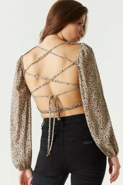 Stitches Ladies Tops Leopard Printed Lace-Up Open Back Cropped Blouse