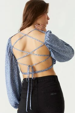 Stitches Ladies Tops Leopard Printed Lace-Up Open Back Cropped Blouse