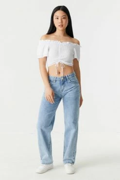 Stitches Ladies Smocked Off The Shoulder Cinched Front Tie Cropped Top