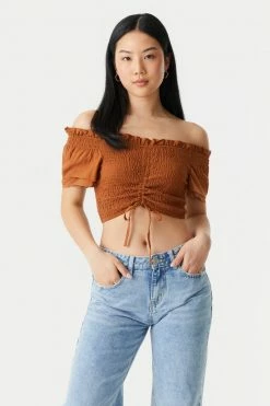 Stitches Ladies Smocked Off The Shoulder Cinched Front Tie Cropped Top