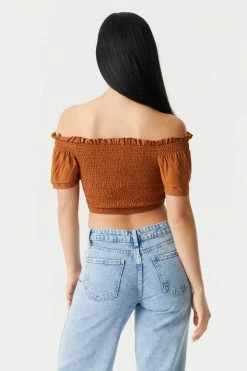 Stitches Ladies Smocked Off The Shoulder Cinched Front Tie Cropped Top