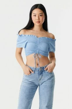 Stitches Ladies Smocked Off The Shoulder Cinched Front Tie Cropped Top