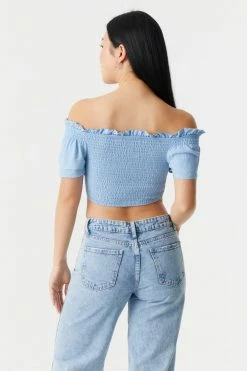 Stitches Ladies Smocked Off The Shoulder Cinched Front Tie Cropped Top
