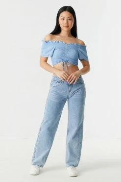 Stitches Ladies Smocked Off The Shoulder Cinched Front Tie Cropped Top