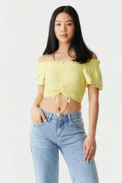 Stitches Ladies Smocked Off The Shoulder Cinched Front Tie Cropped Top