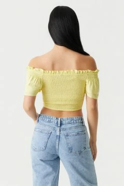 Stitches Ladies Smocked Off The Shoulder Cinched Front Tie Cropped Top