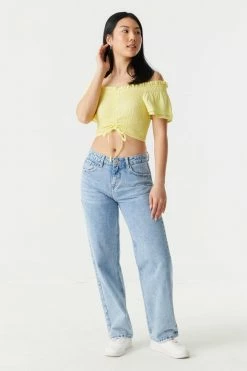 Stitches Ladies Smocked Off The Shoulder Cinched Front Tie Cropped Top