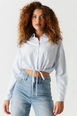 Stitches Ladies Tops Striped Self-Tie Cinched Hem Button-Up Oxford Blouse