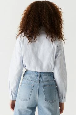 Stitches Ladies Tops Striped Self-Tie Cinched Hem Button-Up Oxford Blouse