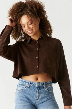 Stitches Ladies Ribbed Corduroy Button-Up Cropped Top