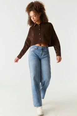 Stitches Ladies Ribbed Corduroy Button-Up Cropped Top