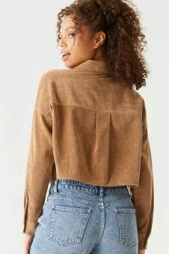 Stitches Ladies Ribbed Corduroy Button-Up Cropped Top