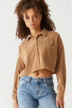 Stitches Ladies Ribbed Corduroy Button-Up Cropped Top