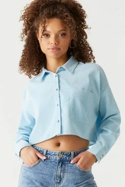 Stitches Ladies Ribbed Corduroy Button-Up Cropped Top