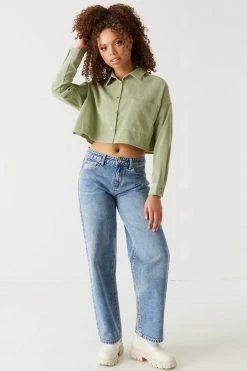 Stitches Ladies Ribbed Corduroy Button-Up Cropped Top