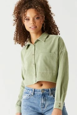 Stitches Ladies Ribbed Corduroy Button-Up Cropped Top