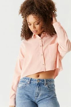 Stitches Ladies Ribbed Corduroy Button-Up Cropped Top