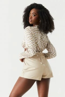 Stitches Ladies Tops Satin Checkered Print Self-Tie Cropped Top