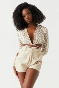 Stitches Ladies Tops Satin Checkered Print Self-Tie Cropped Top