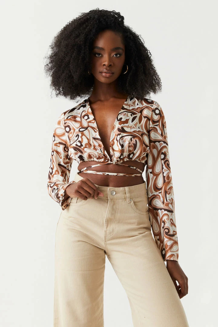 Stitches Ladies Satin Retro Print Self-Tie Cropped Top 1 Stitches Ladies Satin Retro Print Self-Tie Cropped Top