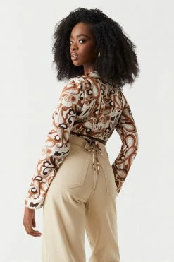 Stitches Ladies Satin Retro Print Self-Tie Cropped Top