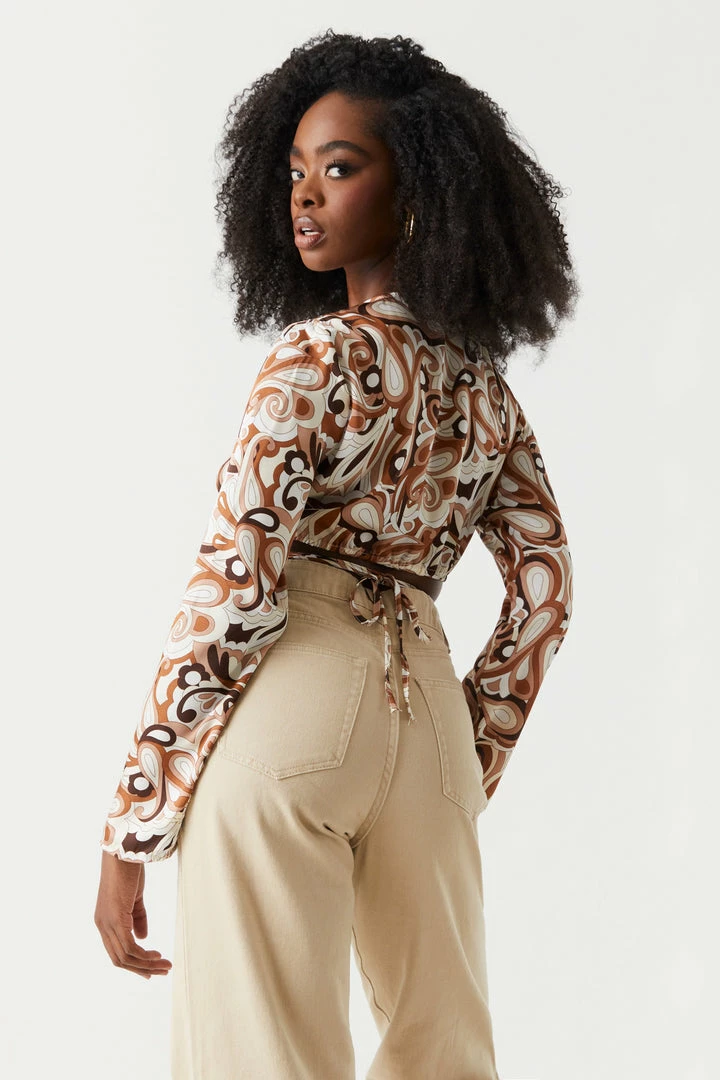 Stitches Ladies Satin Retro Print Self-Tie Cropped Top 2 Stitches Ladies Satin Retro Print Self-Tie Cropped Top