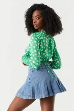 Stitches Ladies Tops Satin Green Daisy Print Self-Tie Cropped Top