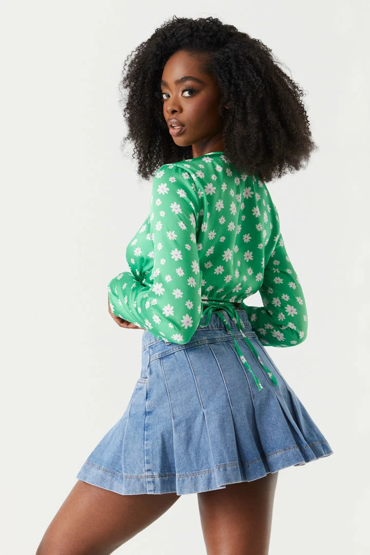 Stitches Ladies Tops Satin Green Daisy Print Self-Tie Cropped Top 2 Stitches Ladies Tops Satin Green Daisy Print Self-Tie Cropped Top