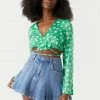 Stitches Ladies Tops Satin Green Daisy Print Self-Tie Cropped Top