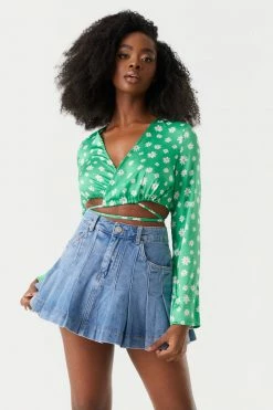 Stitches Ladies Tops Satin Green Daisy Print Self-Tie Cropped Top