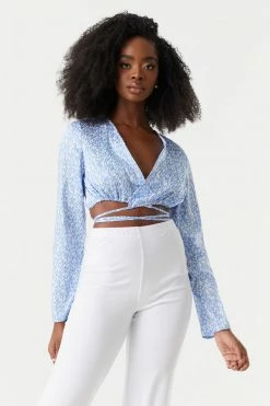 Stitches Ladies Tops Satin Printed Self-Tie Cropped Top