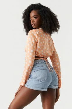 Stitches Ladies Tops Satin Orange Daisy Print Self-Tie Cropped Top