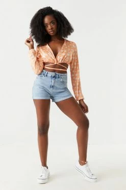 Stitches Ladies Tops Satin Orange Daisy Print Self-Tie Cropped Top