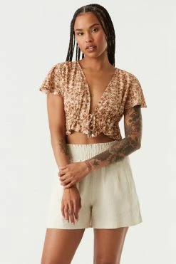 Stitches Ladies Floral Print Self-Tie Ruffled Short Sleeve Shrug