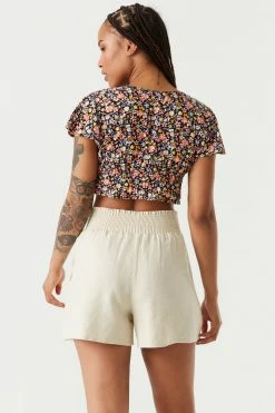 Stitches Ladies Dark Floral Print Self-Tie Ruffled Short Sleeve Shrug