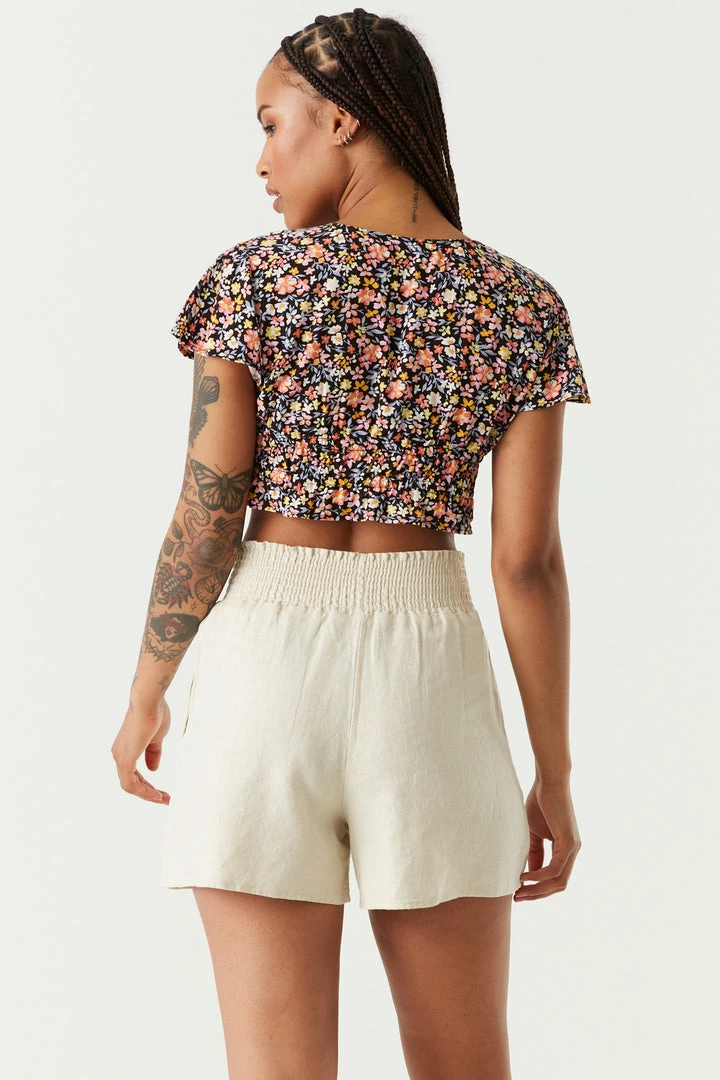 Stitches Ladies Dark Floral Print Self-Tie Ruffled Short Sleeve Shrug 2 Stitches Ladies Dark Floral Print Self-Tie Ruffled Short Sleeve Shrug