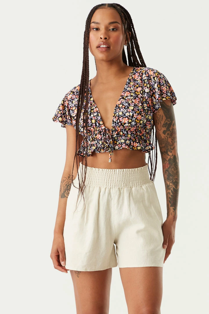 Stitches Ladies Dark Floral Print Self-Tie Ruffled Short Sleeve Shrug 1 Stitches Ladies Dark Floral Print Self-Tie Ruffled Short Sleeve Shrug