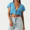 Stitches Ladies Tops Blue Floral Print Self-Tie Ruffled Short Sleeve Shrug