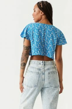 Stitches Ladies Tops Blue Floral Print Self-Tie Ruffled Short Sleeve Shrug