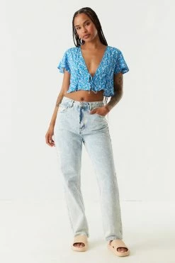 Stitches Ladies Tops Blue Floral Print Self-Tie Ruffled Short Sleeve Shrug