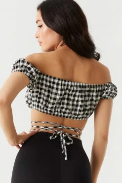 Stitches Ladies Gingham Print Self-Tie Crisscross Milkmaid Top