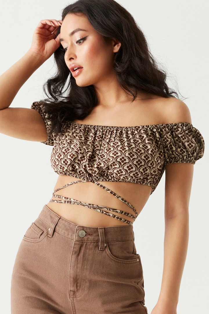 Stitches Ladies Retro Print Self-Tie Crisscross Milkmaid Top 1 Stitches Ladies Retro Print Self-Tie Crisscross Milkmaid Top