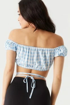 Stitches Ladies Gingham Print Self-Tie Crisscross Milkmaid Top