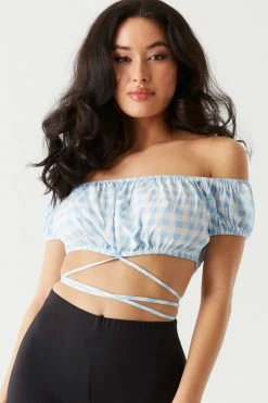 Stitches Ladies Gingham Print Self-Tie Crisscross Milkmaid Top