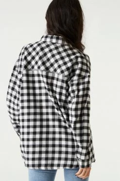 Stitches Ladies Oversized Black Plaid Flannel Button-Up Top Tops