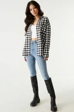 Stitches Ladies Oversized Black Plaid Flannel Button-Up Top Tops 5 Stitches Ladies Oversized Black Plaid Flannel Button-Up Top Tops