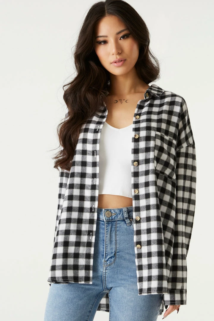 Stitches Ladies Oversized Black Plaid Flannel Button-Up Top Tops 1 Stitches Ladies Oversized Black Plaid Flannel Button-Up Top Tops