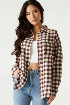 Stitches Ladies Tops Oversized Brown Plaid Flannel Button-Up Top