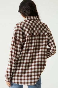 Stitches Ladies Tops Oversized Brown Plaid Flannel Button-Up Top
